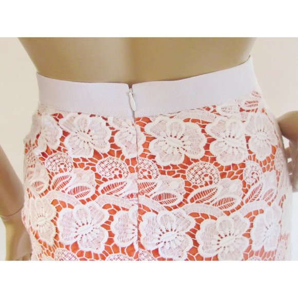 Rebecca Minkoff White Lace 2 Tone Orange Underlay Knee length Designer Skirt 8.R - Picture 9 of 13
